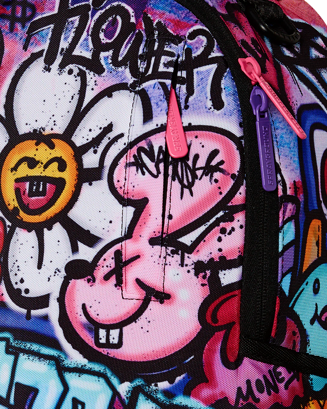 Colorful graffiti-style design with abstract shapes and text on a textured background
