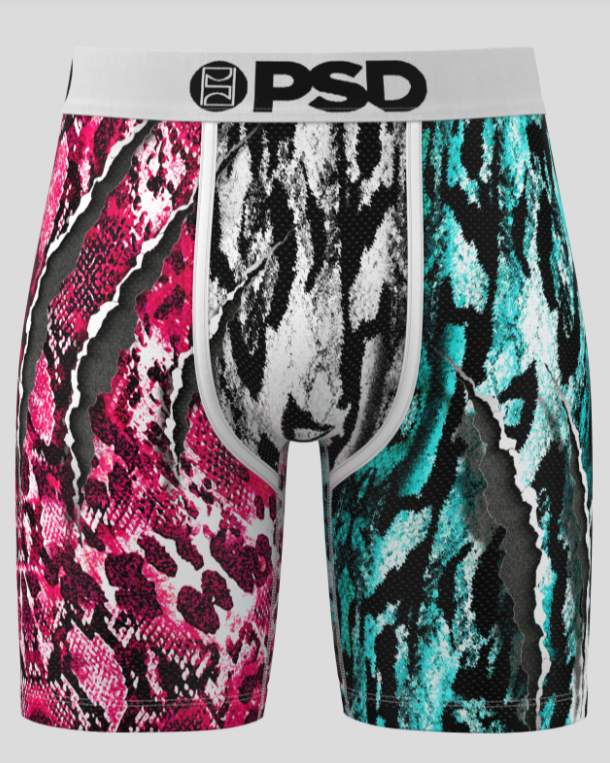 Multicolored patterned boxer briefs with 'PSD' branding on a white background