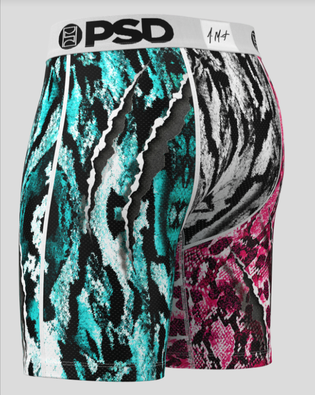 Multicolored patterned boxer briefs with 'PSD' branding on a gray background