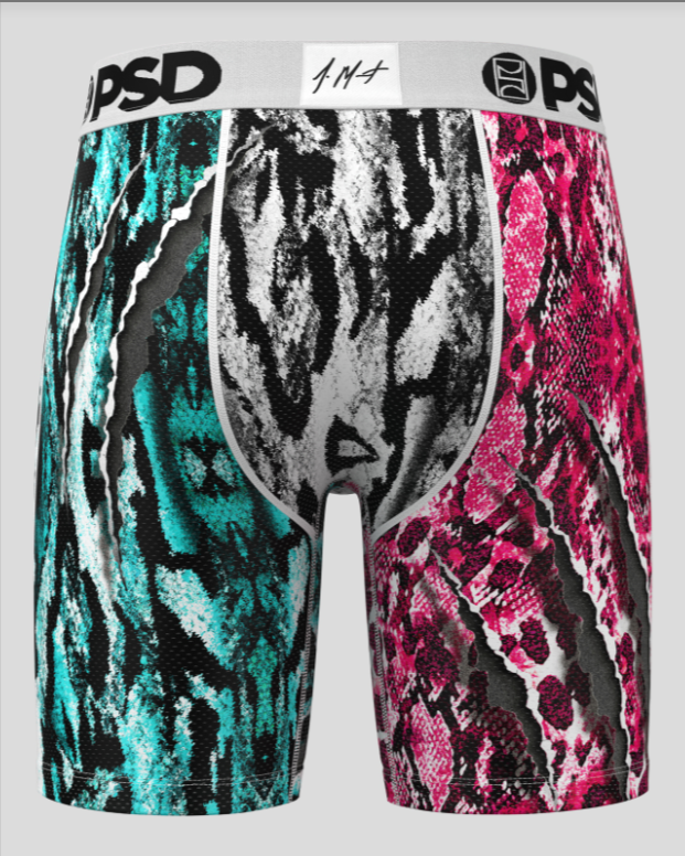 Multicolored patterned boxer briefs with brand logos on a gray background