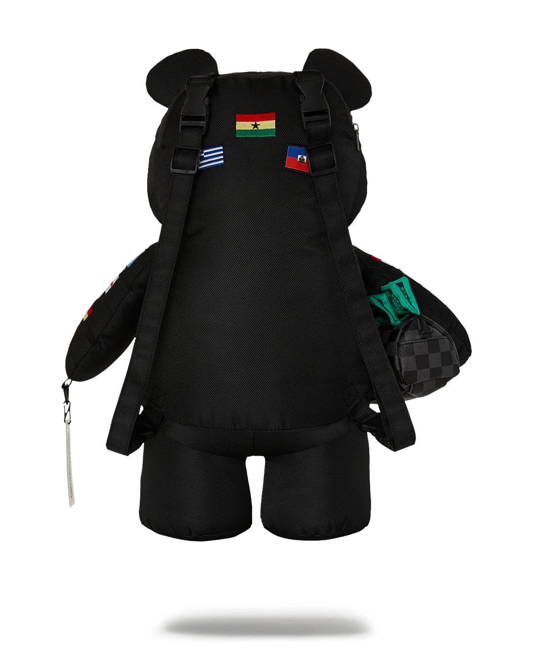 Black backpack with flag patches on a white background
