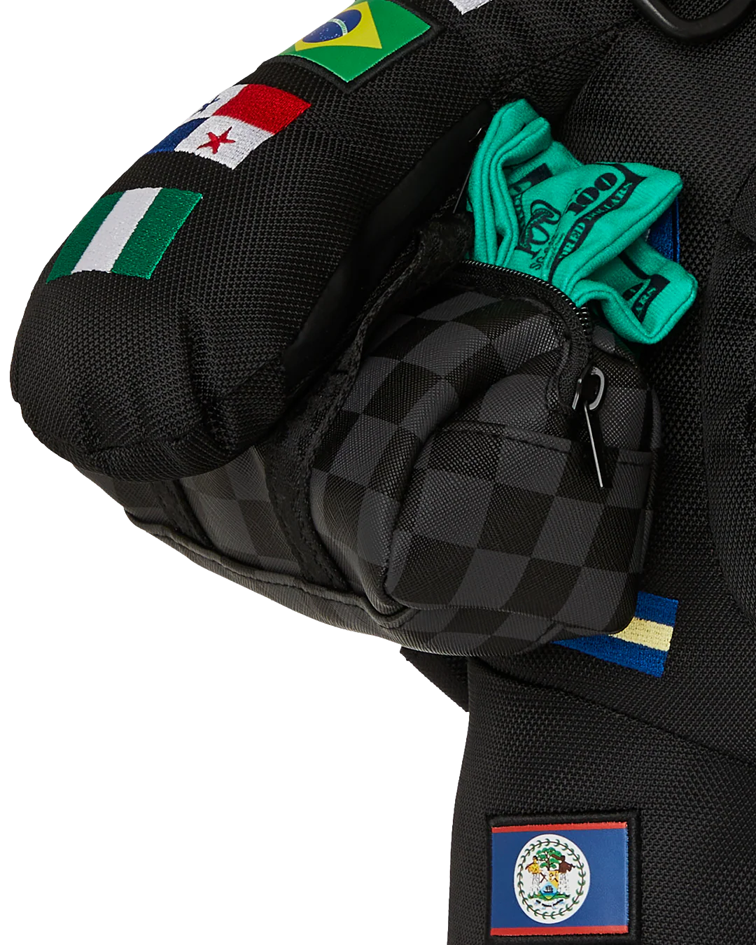 Black bag with various flags and a green item on a white background