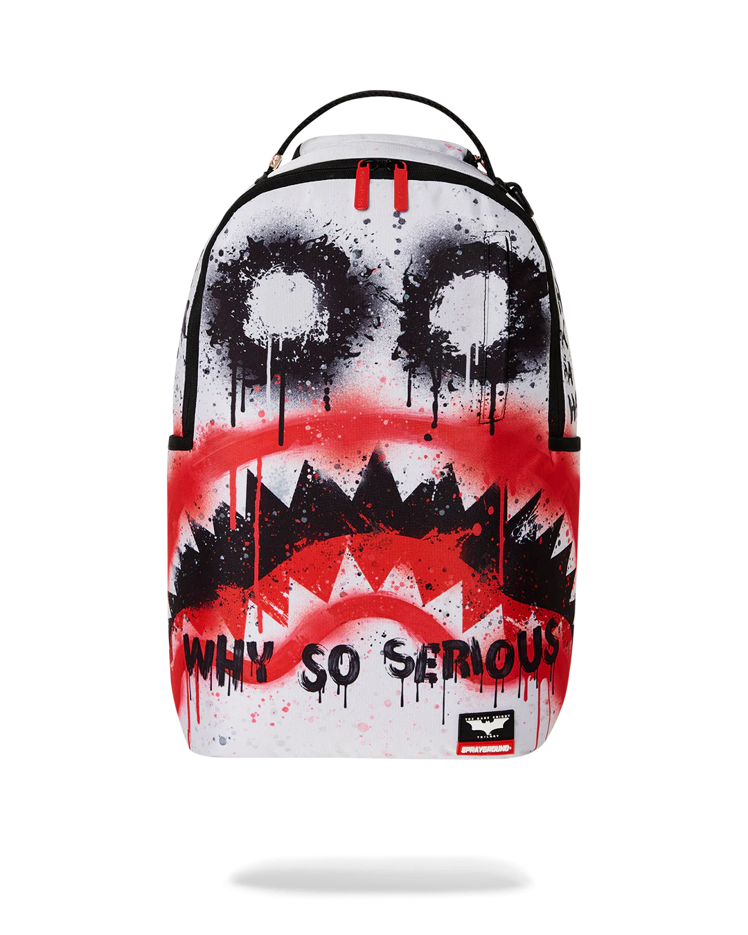 sprayground Backpack with a shark mouth design and 'Why So Serious?' text on a white background