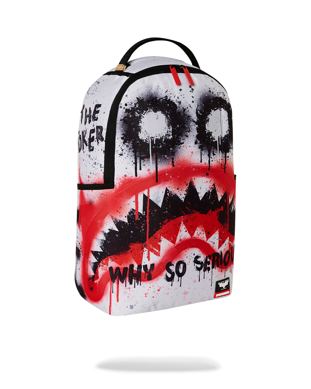 sprayground Backpack with a shark mouth design and 'Why So Serious?' text on a white background
