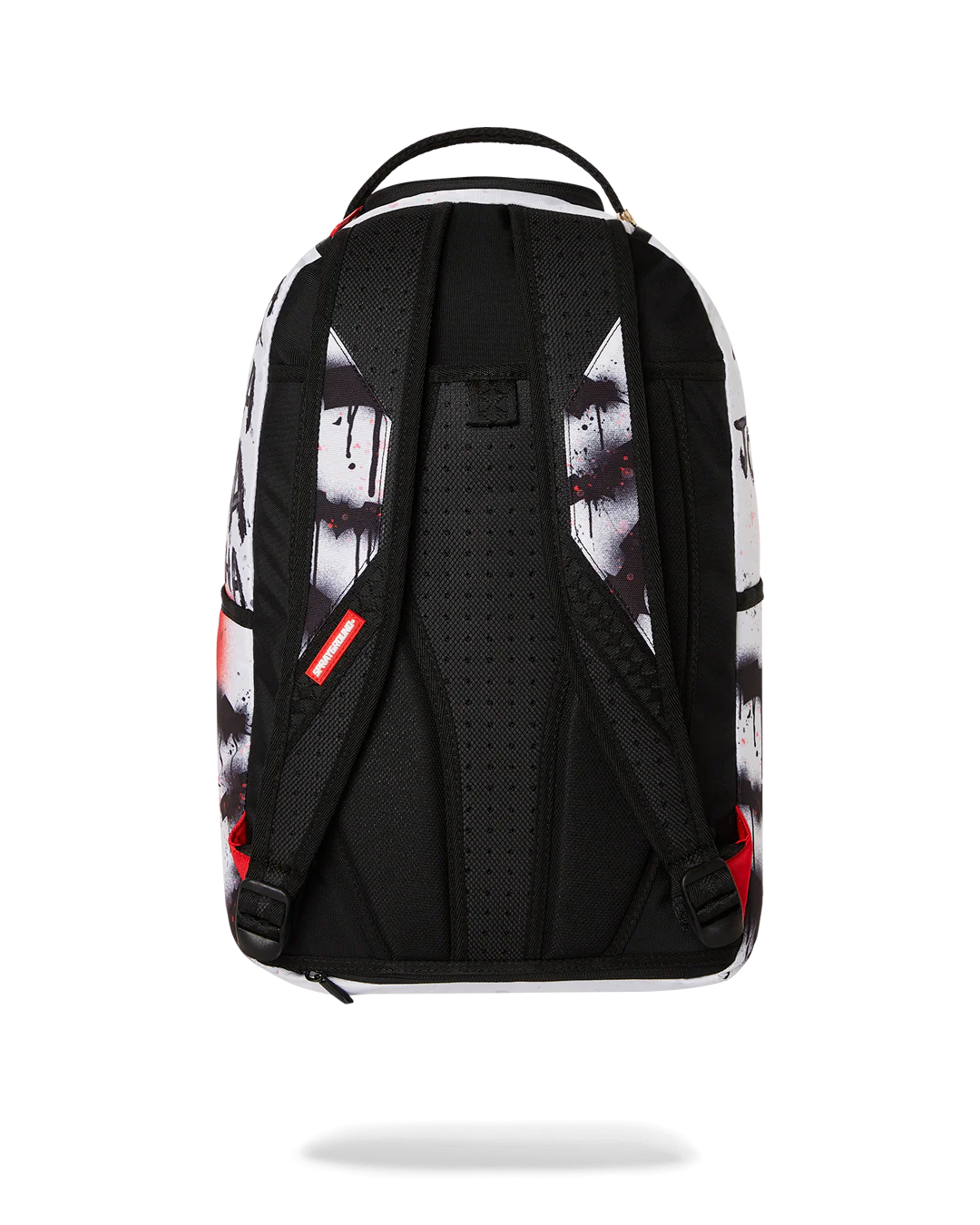 Black backpack with graphic design on a white background