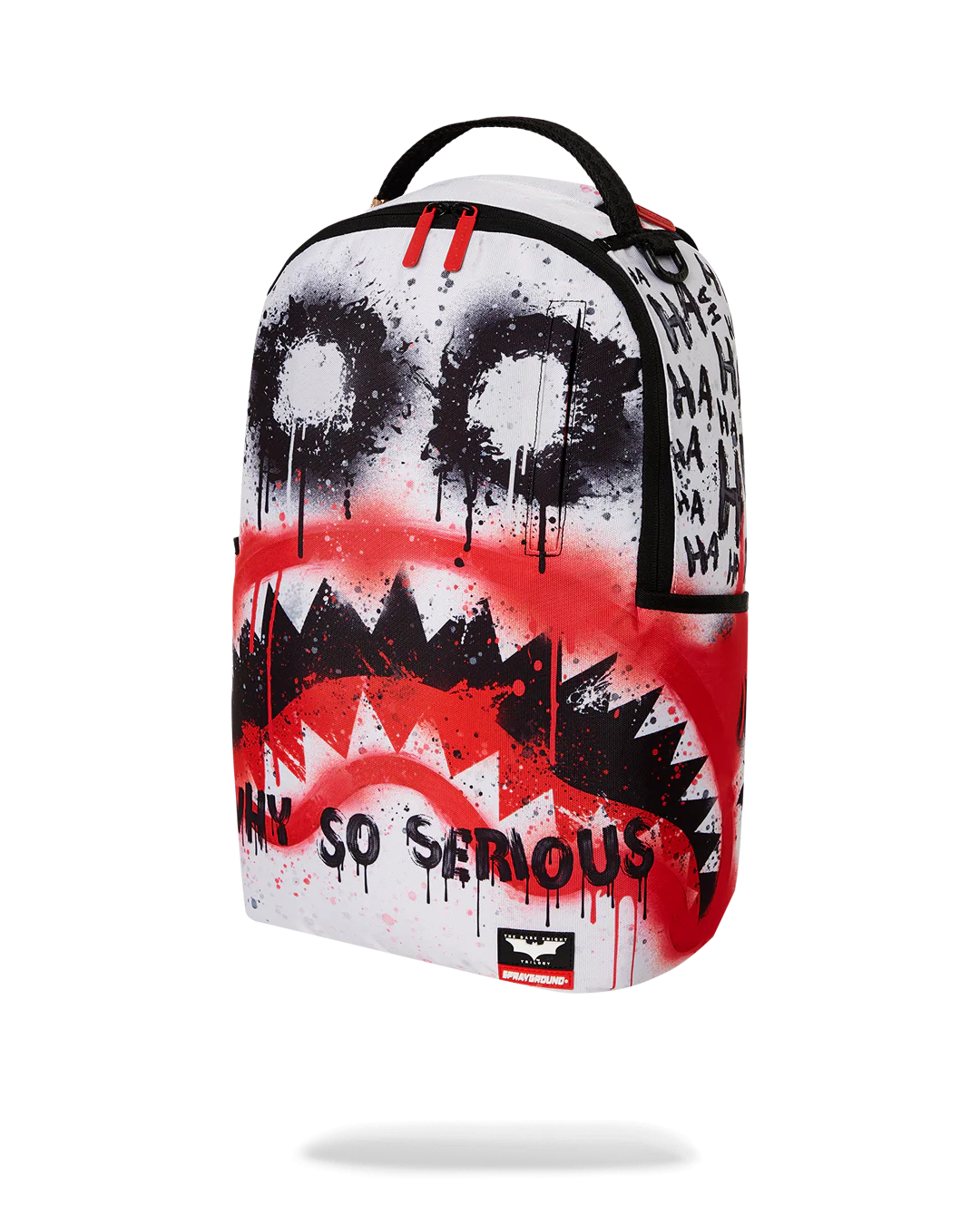 sprayground Backpack with a shark mouth design and 'Why So Serious?' text on a white background