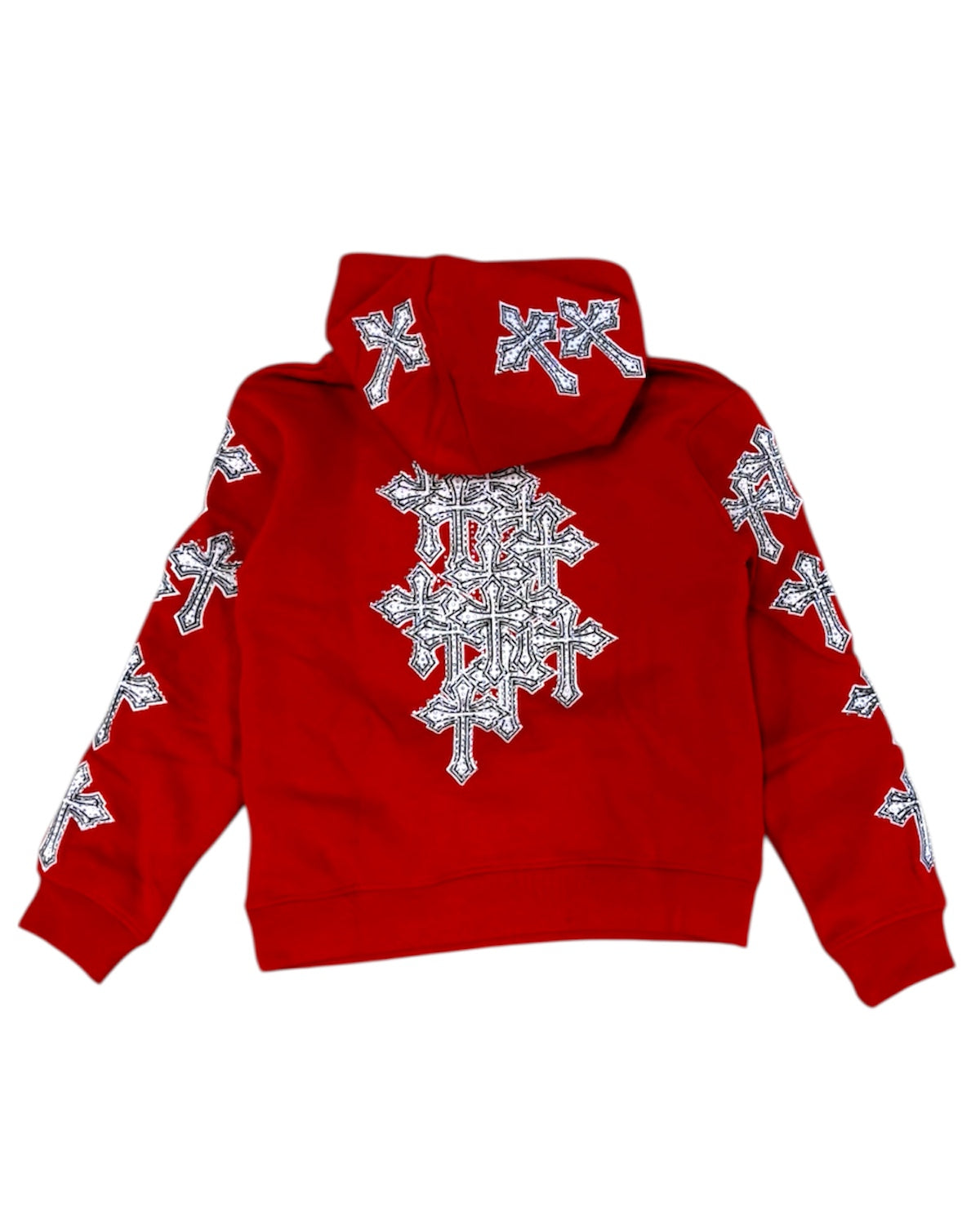 Red hoodie with silver cross patterns on a white background
