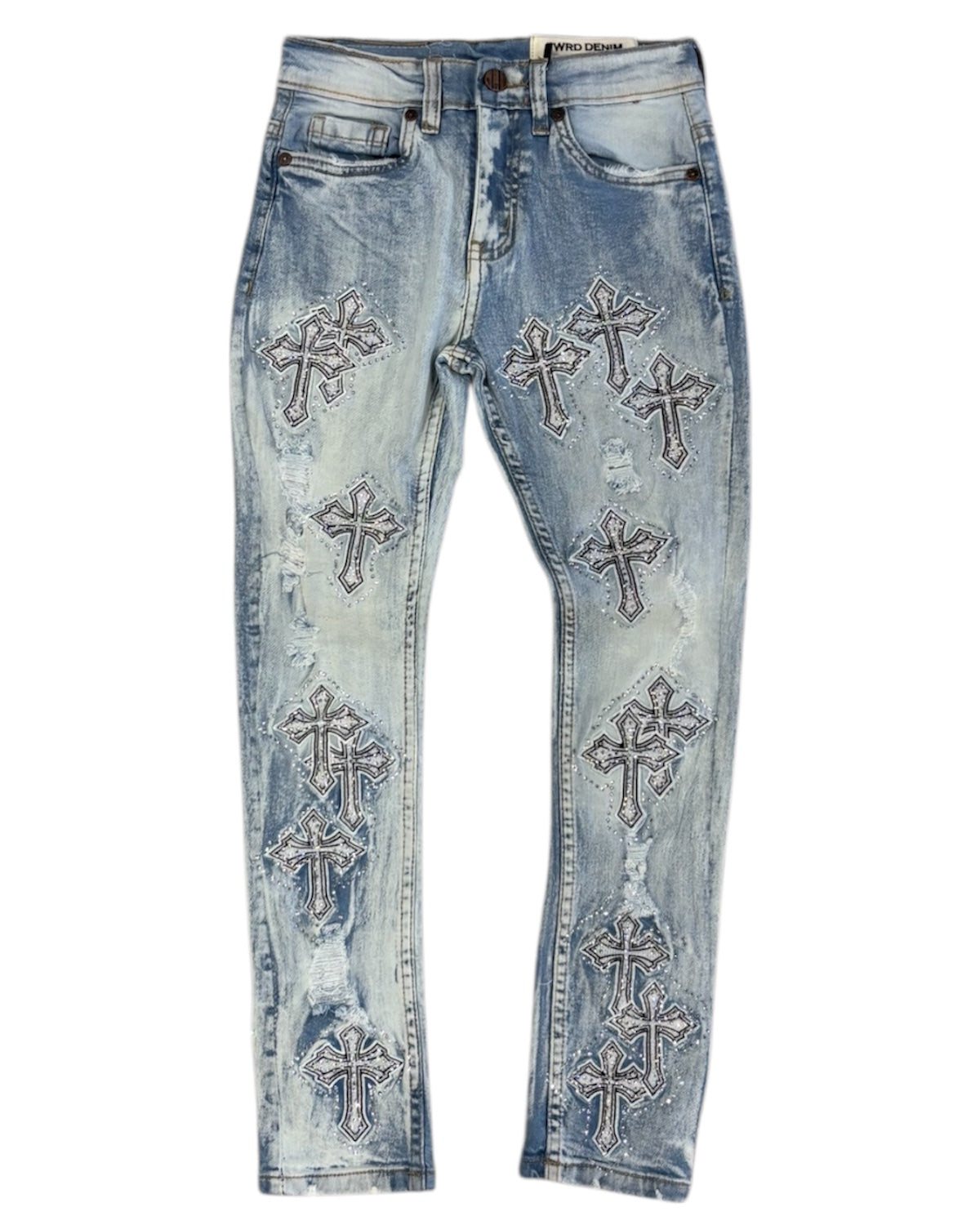 Blue jeans with cross patterns on a white background