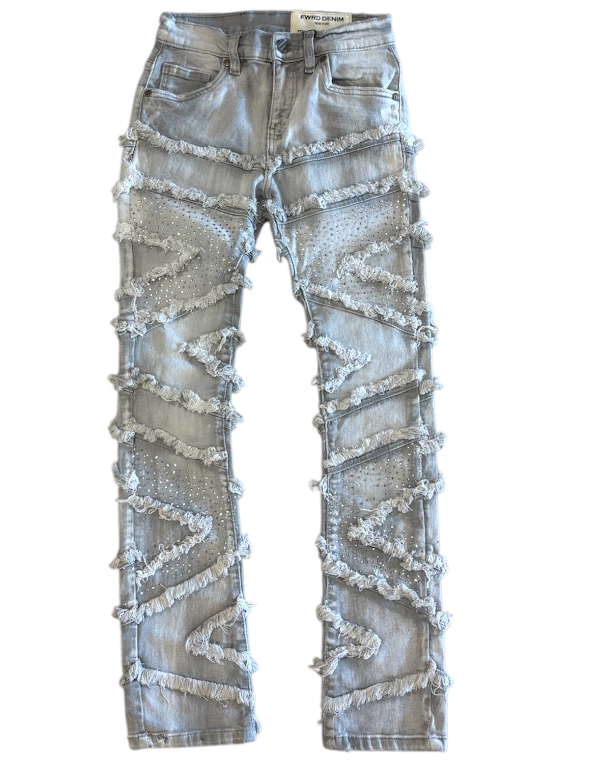 Silver distressed jeans on a white background