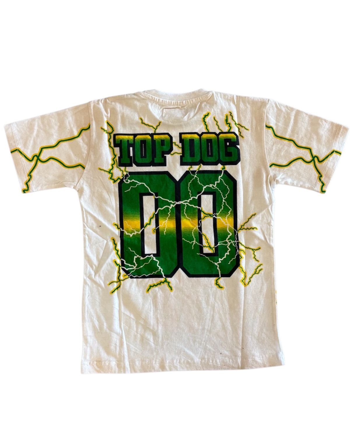 White t-shirt with 'Top Dog 00' graphic design on a white background