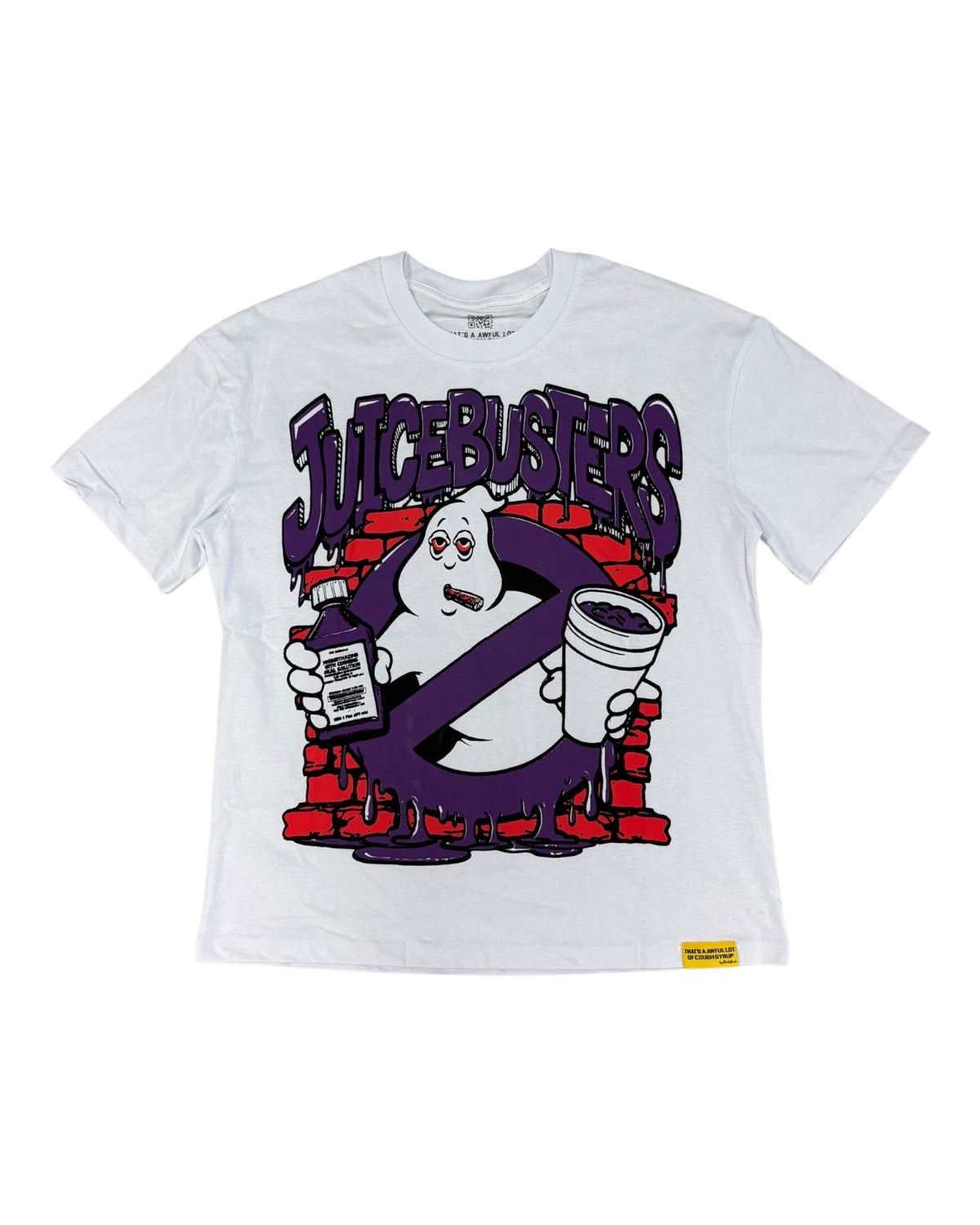 White t-shirt with 'Juicebusters' graphic design featuring a ghost holding a bottle and cup on a white background.