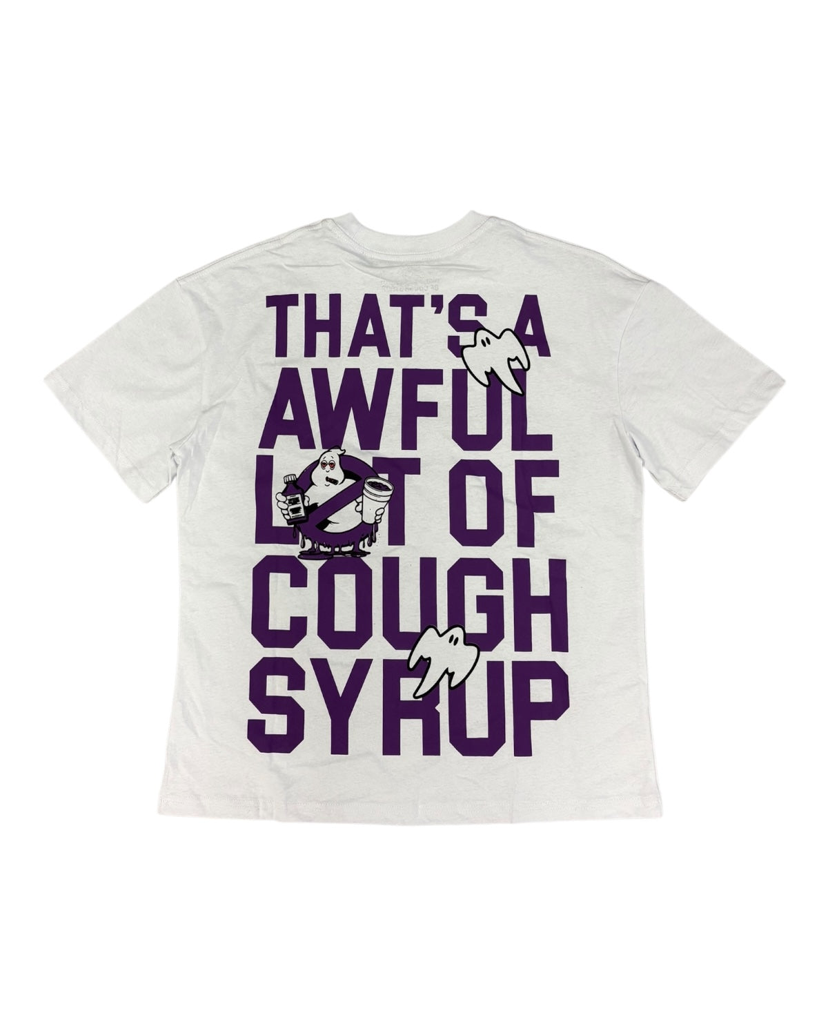 White t-shirt with purple text and cartoon characters on a white background