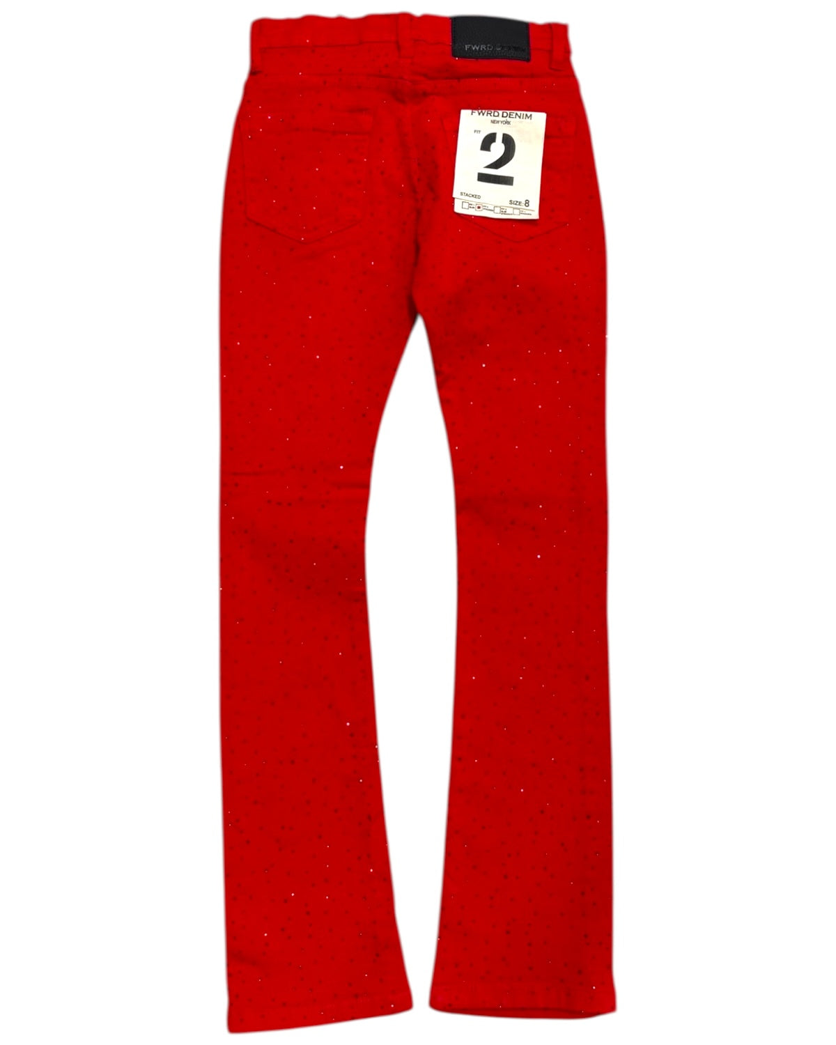 Red pants with a size tag on a white background