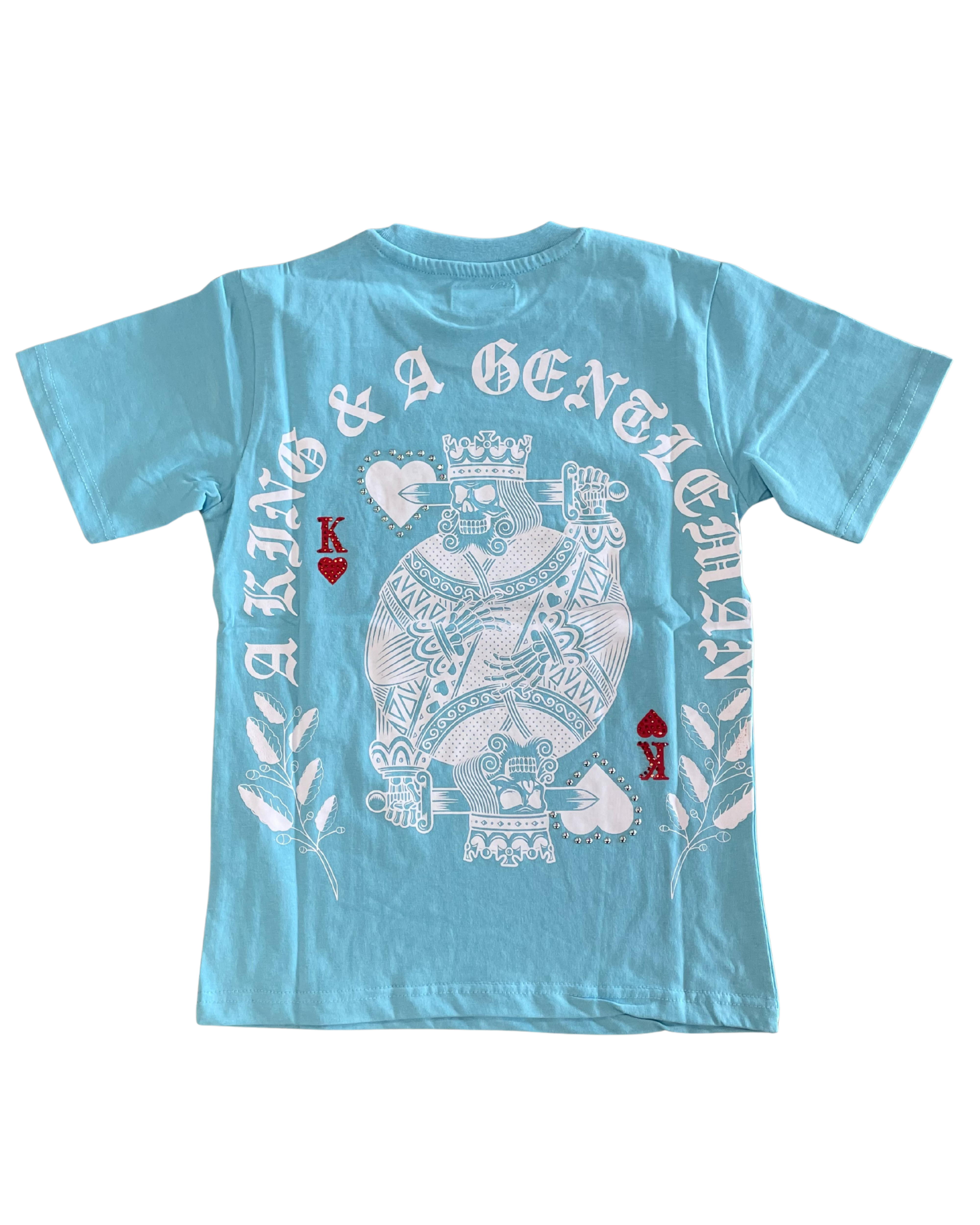 Light blue t-shirt with white graphic design on a white background