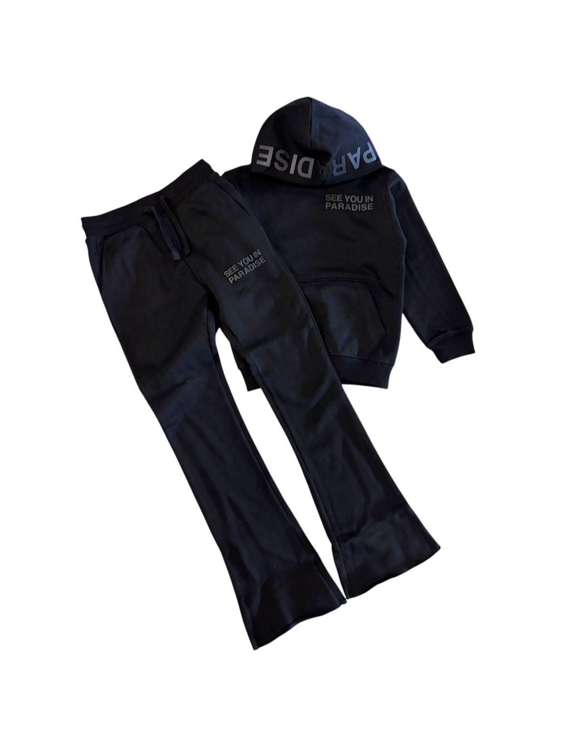 Black hoodie and pants set with text on a white background