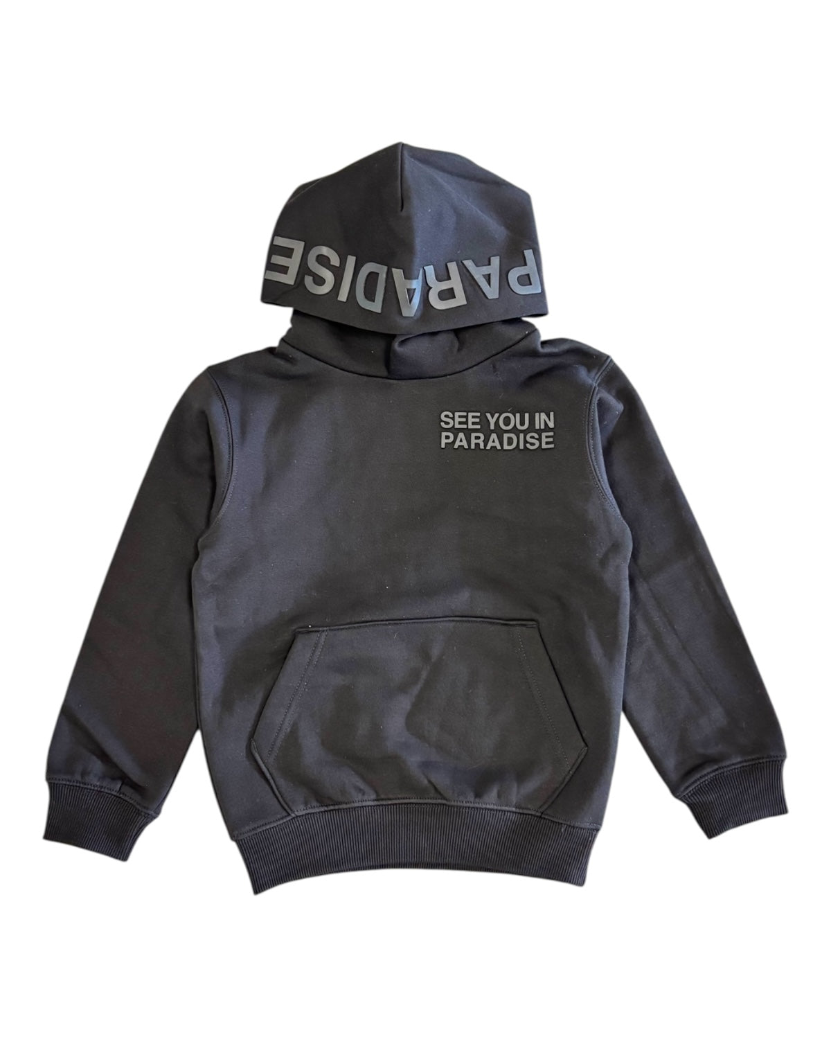 Black hoodie with text on a white background