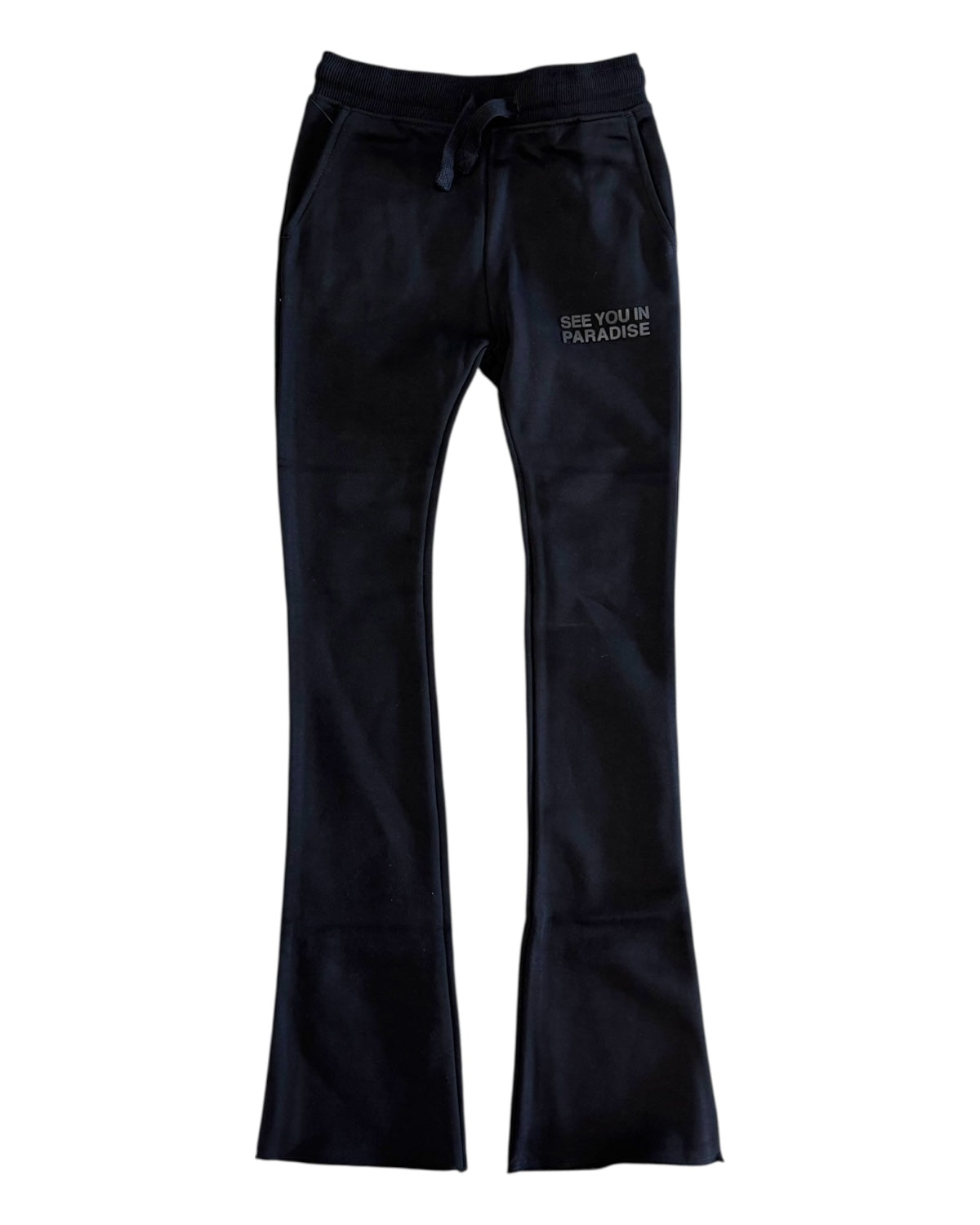 Black pants with text on a white background