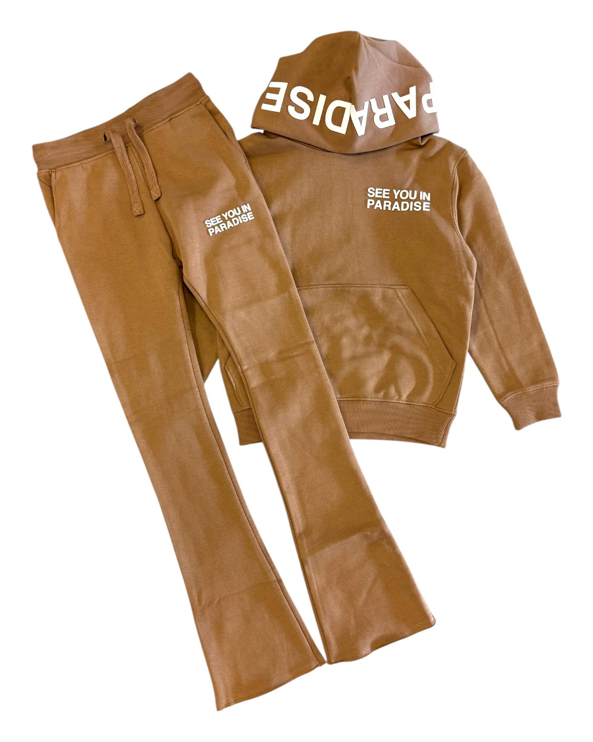 Brown hoodie and pants set with 'See You in Paradise' text on a white background