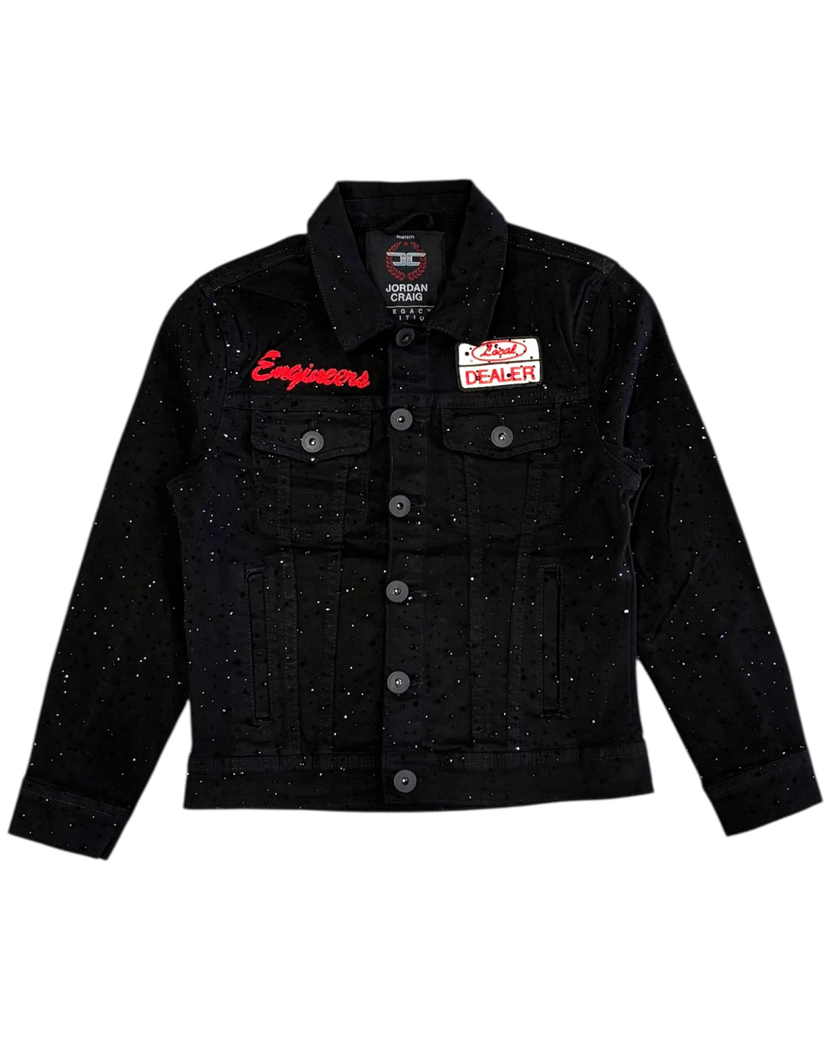 Black denim jacket with embroidered patches on a white background