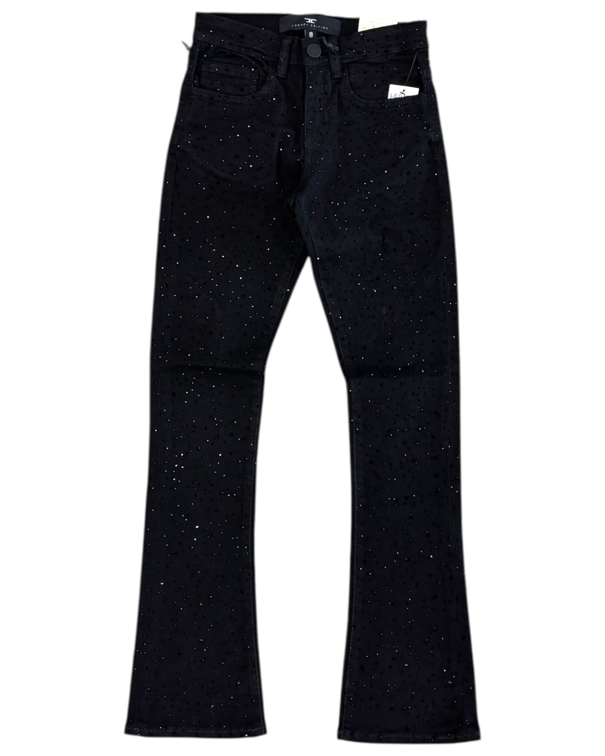 Black flared jeans on a white background