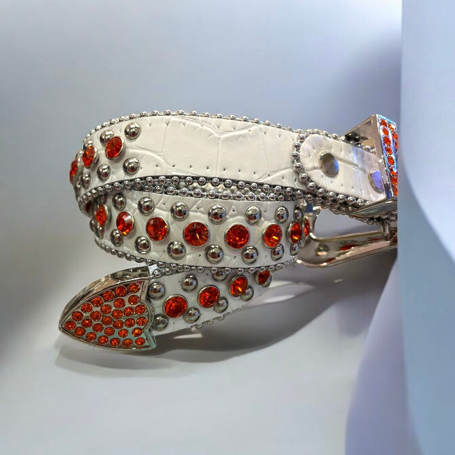 kids white leather belt with orange rhinestones