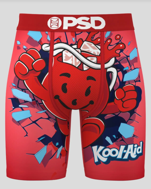 Red Kool-Aid themed underwear with PSD branding on a gray background