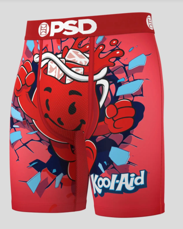 Red Kool-Aid-themed underwear with a character design on a gray background