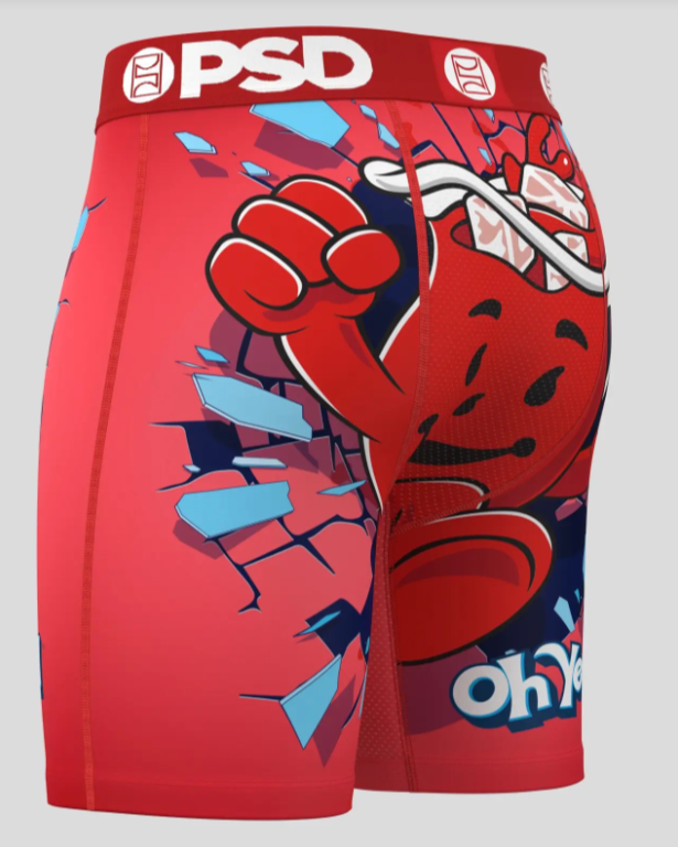 Red athletic briefs with graphic design and 'PSD' branding on a gray background