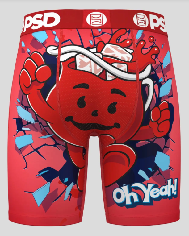 Red boxer briefs with a cartoon character and 'Oh Yeah!' text on a gray background