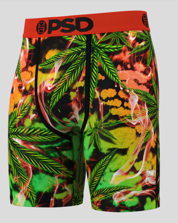 Colorful shorts with cannabis leaf and smoke design on a gray background