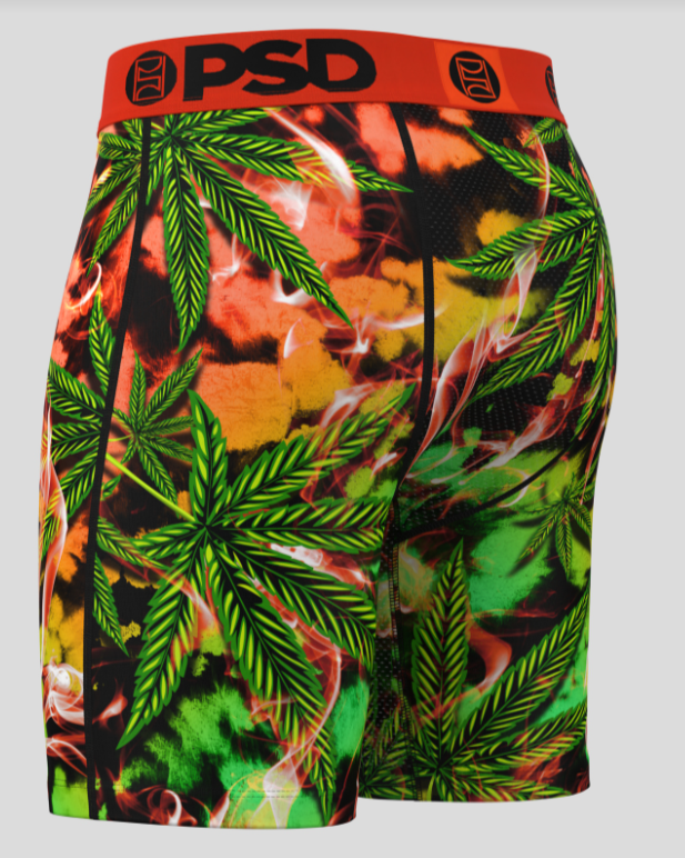 Colorful men's underwear with cannabis leaf pattern and red waistband on a gray background