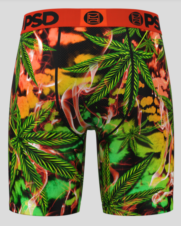Boxer briefs with cannabis leaf and smoke design on a gray background