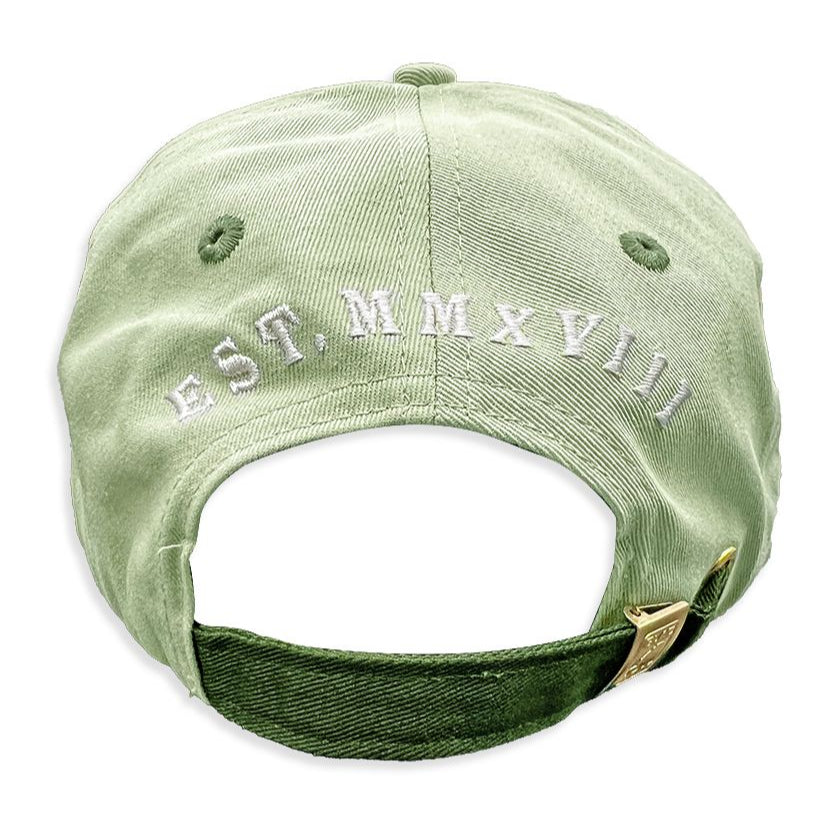 a sage green dad hat from the back showcasing white embroidery