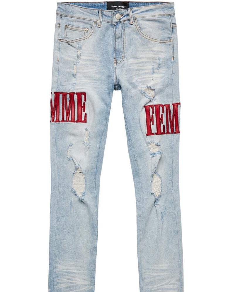 homme femme letterman denim in blue with red