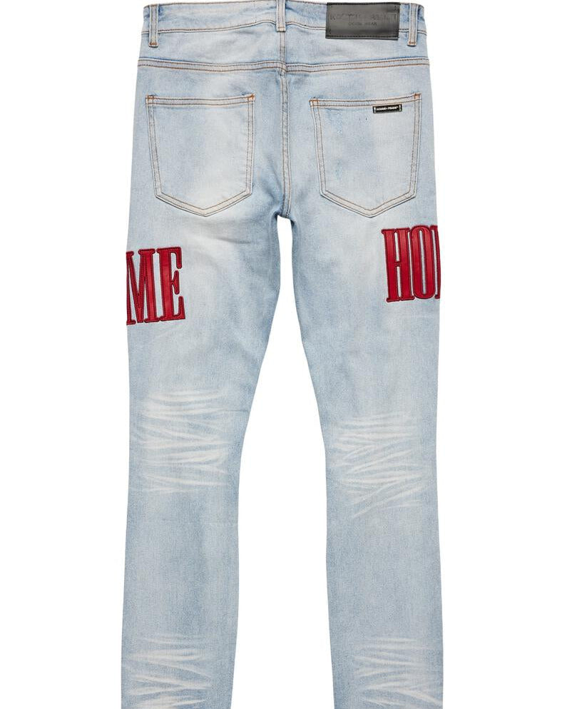 homme femme letterman denim in blue with red