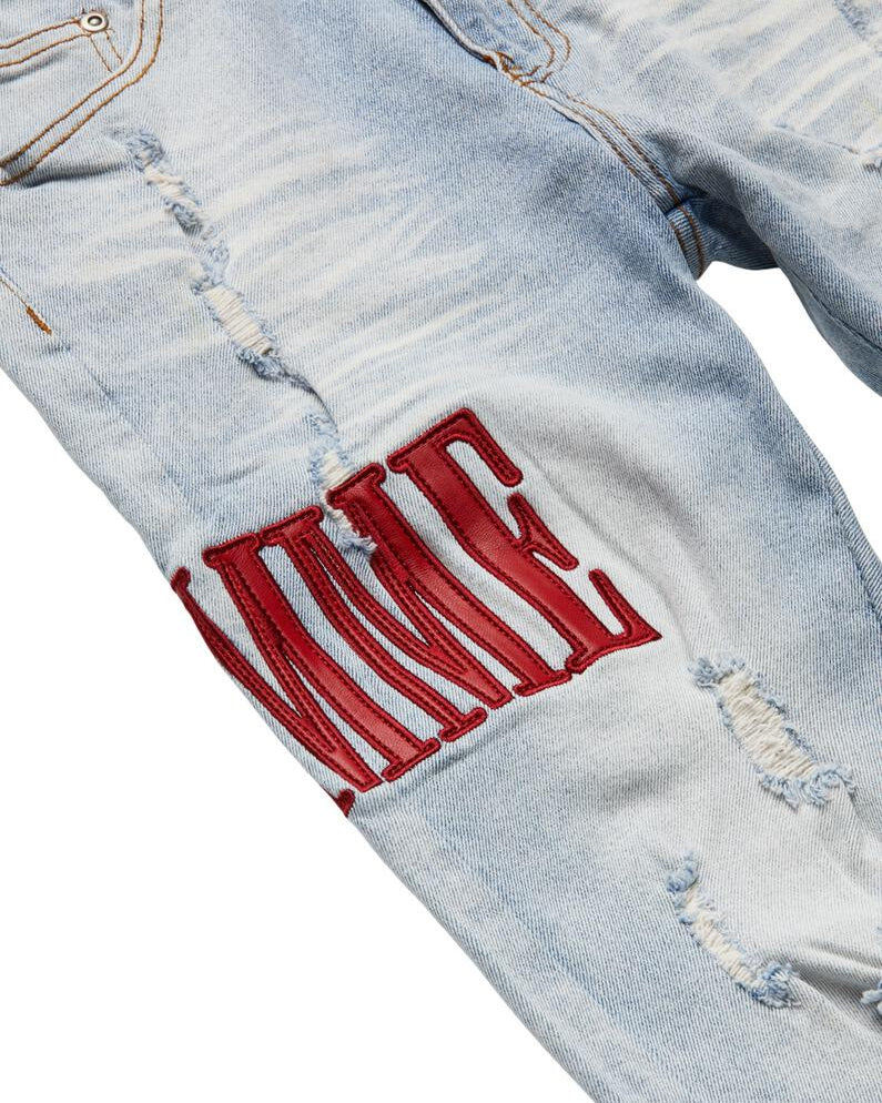 homme femme letterman denim in blue with red