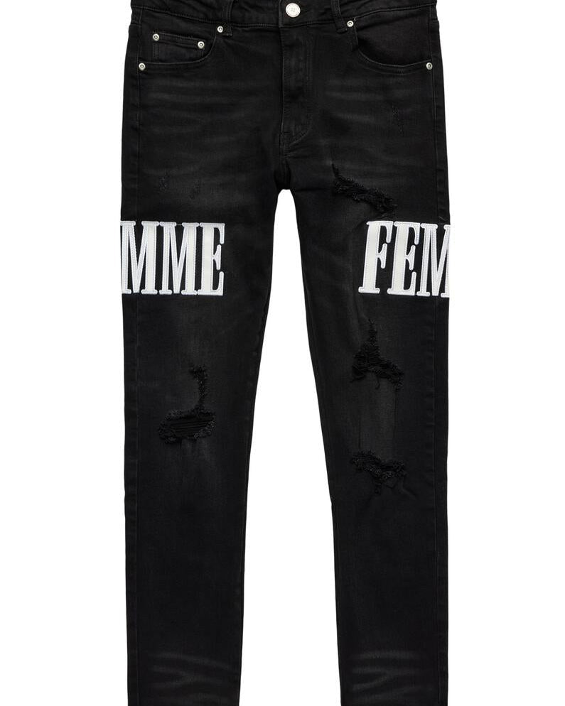 homme femme letterman denim in black with white