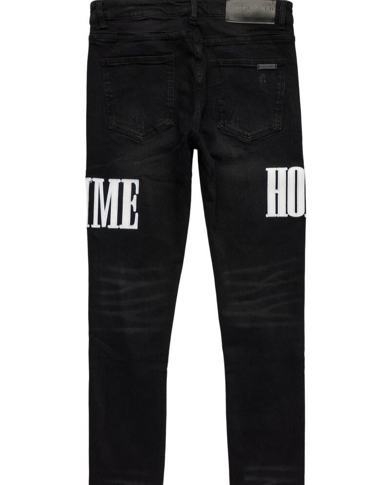 homme femme letterman denim in black with white
