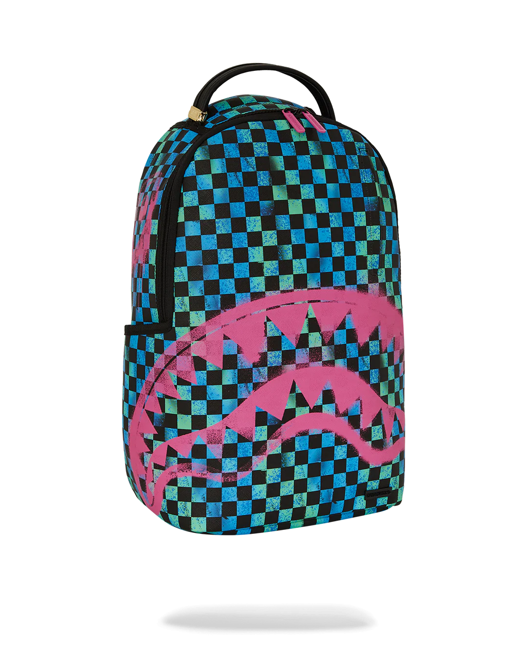 Sprayground Backpack with a neon color checkered pattern and pink shark mouth design on a white background
