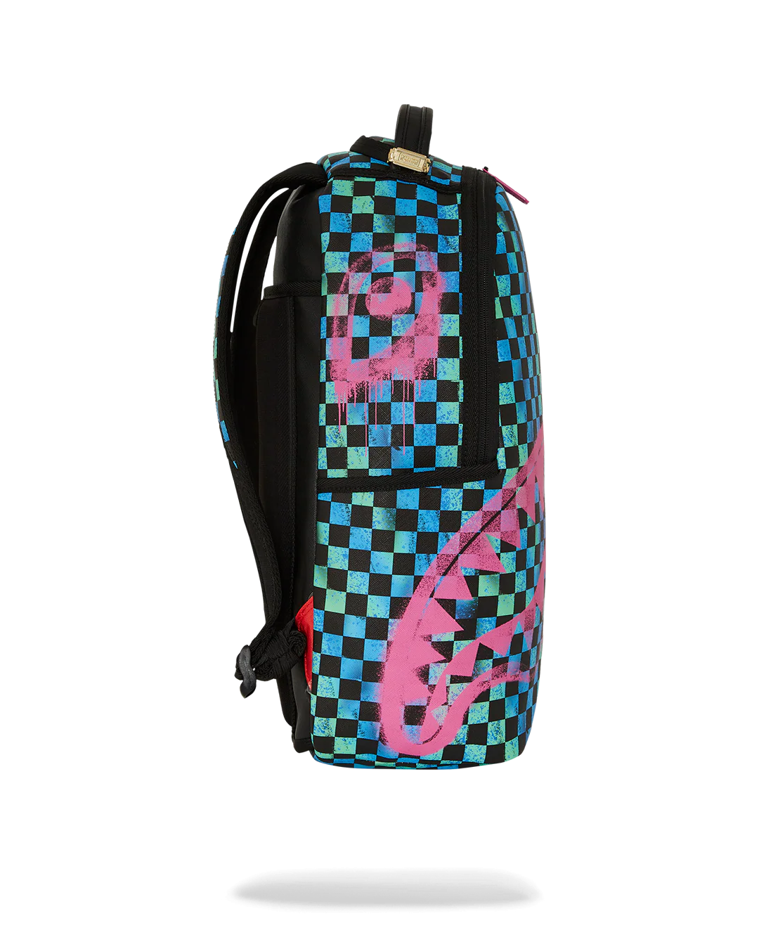 Sprayground Backpack with a neon color checkered pattern and pink shark mouth design on a white background