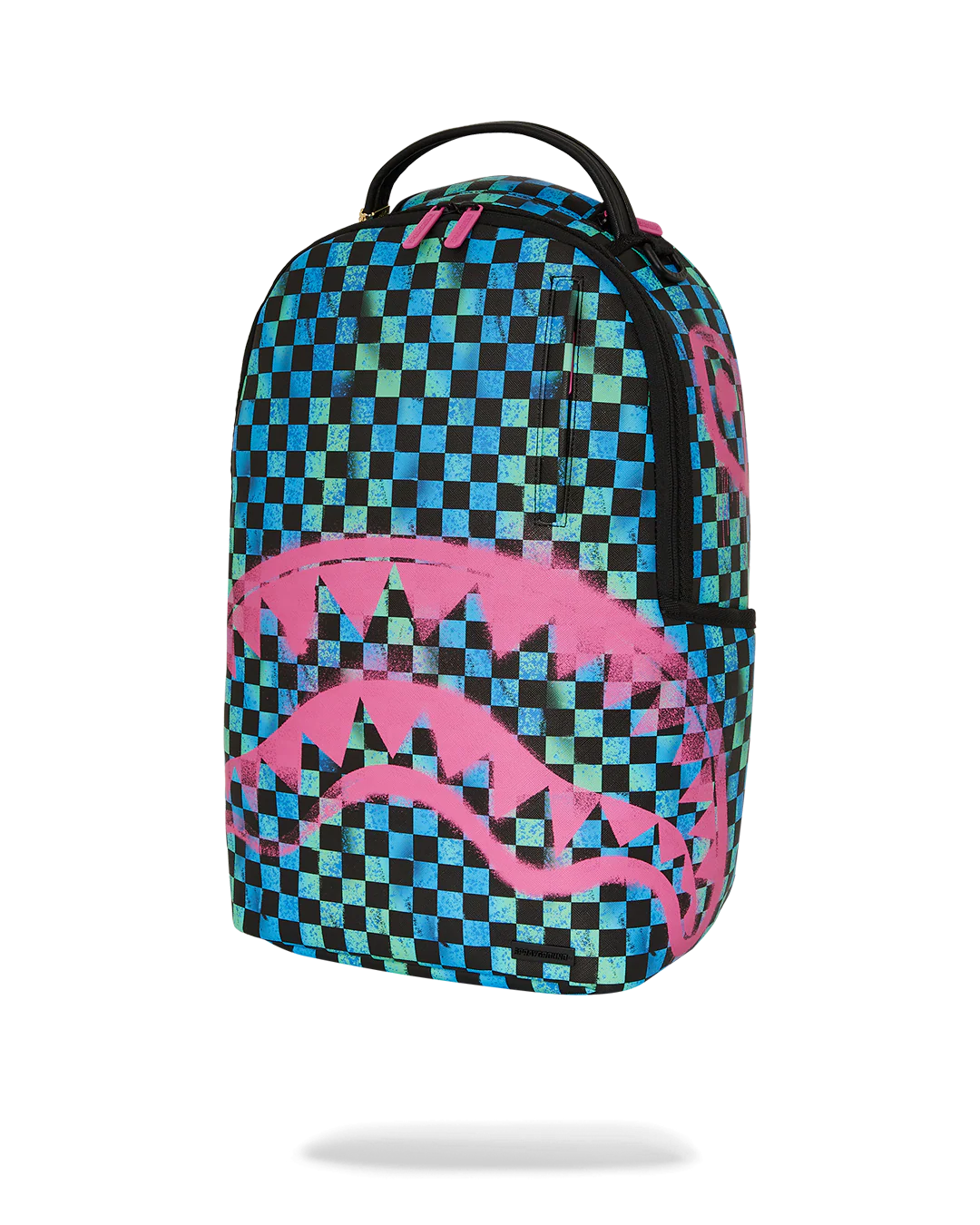 Sprayground Backpack with a neon color checkered pattern and pink shark mouth design on a white background