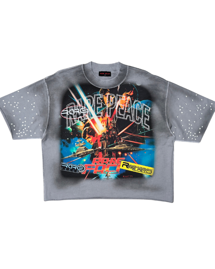 Gray t-shirt with a colorful graphic design on a white background