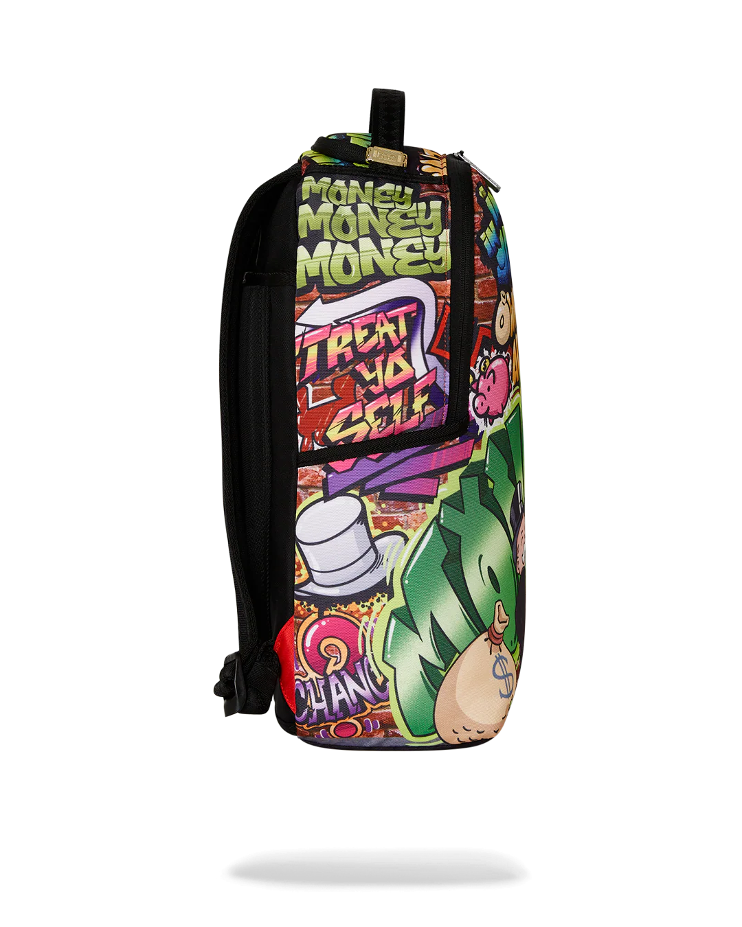 Backpack with Monopoly-themed design featuring colorful graphics and text.