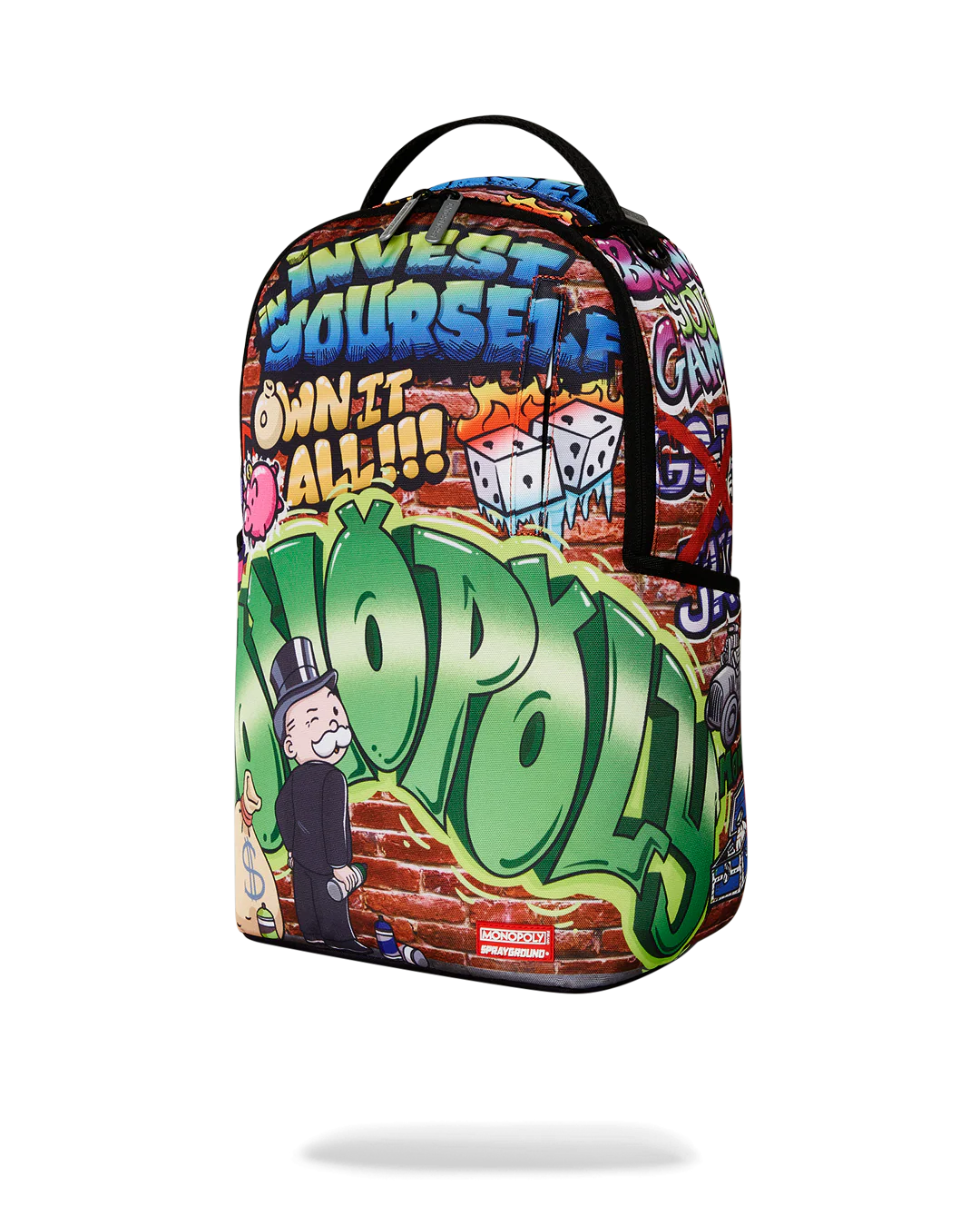 Backpack with Monopoly-themed design featuring colorful graphics and text.