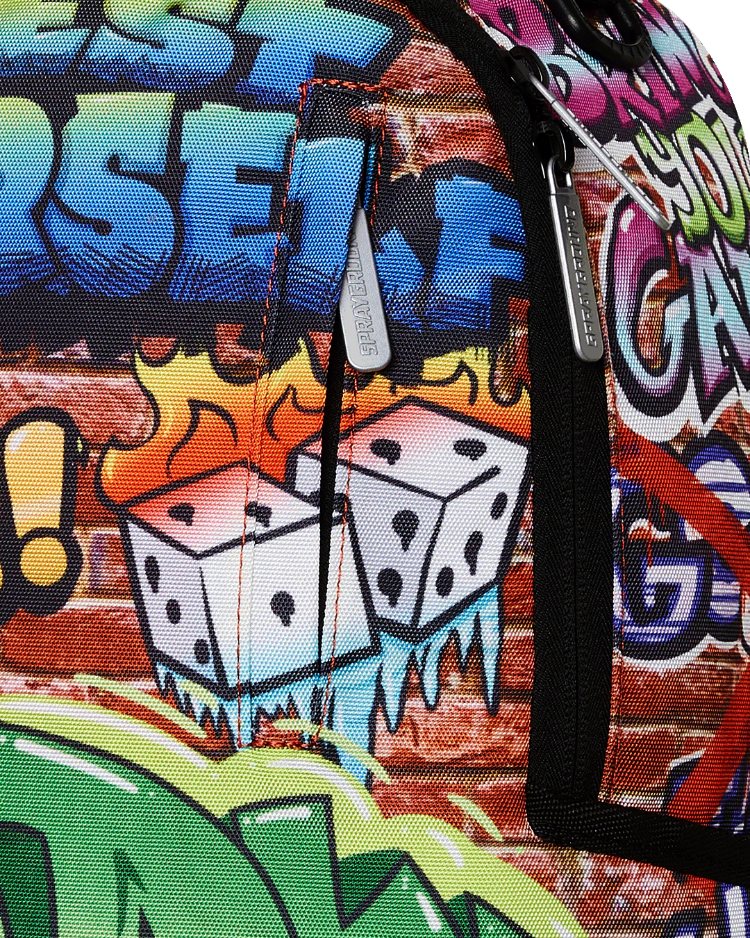 Backpack with Monopoly-themed design featuring colorful graphics and text.