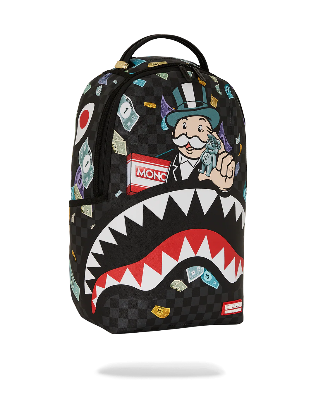 sprayground backpack featuring the monopoly man and the game pieces on a white background