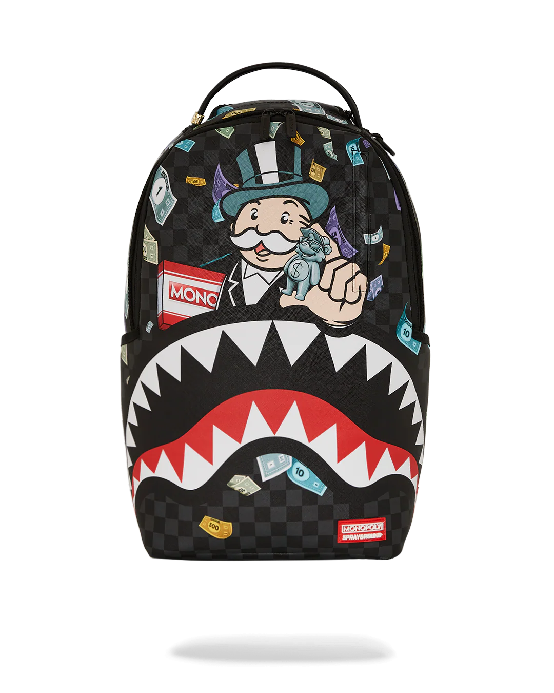 sprayground backpack featuring the monopoly man and the game pieces on a white background