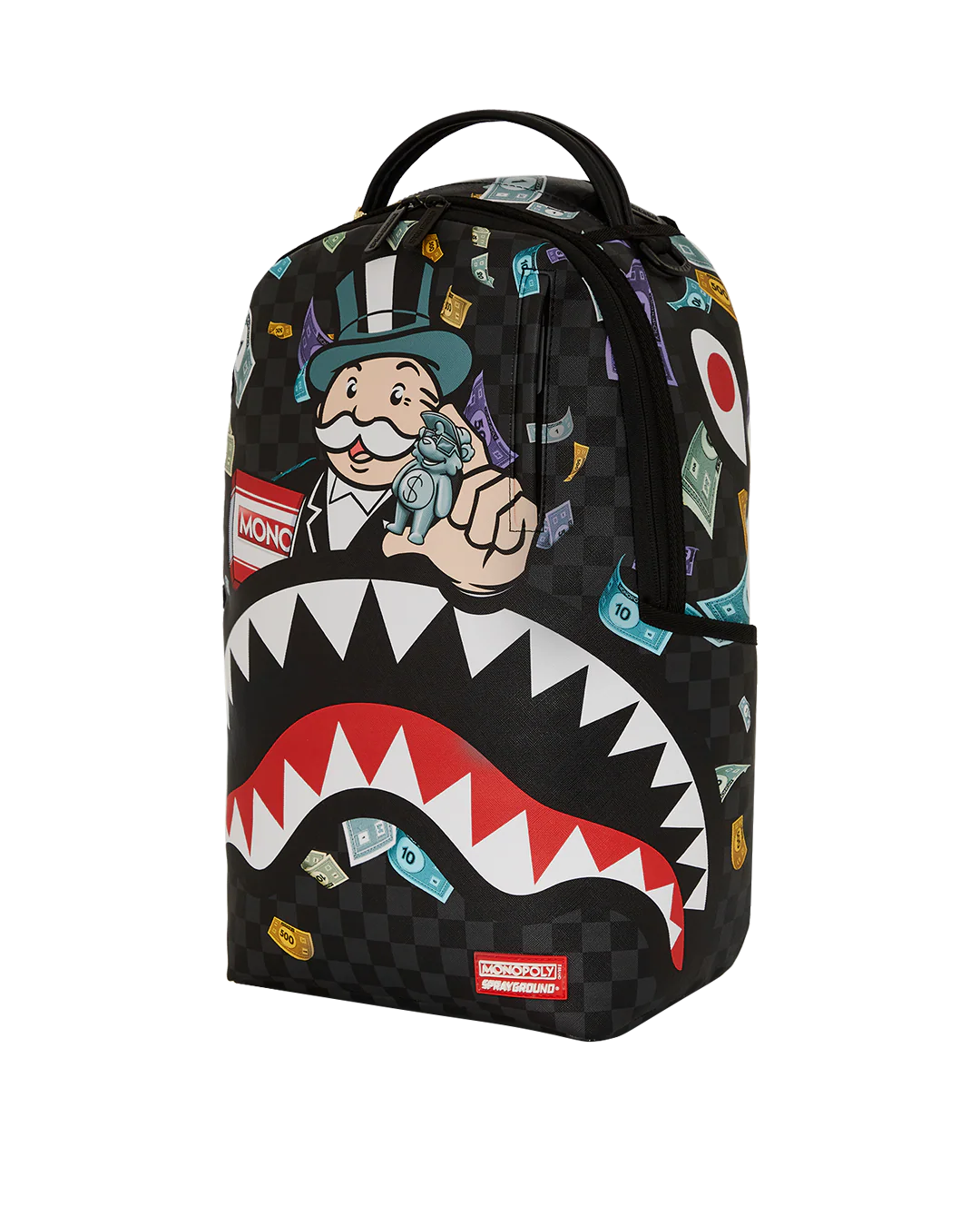 sprayground backpack featuring the monopoly man and the game pieces on a white background