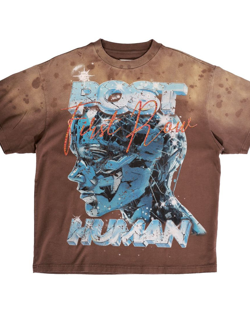 front view of a Brown t-shirt with graphic design and text on a white background