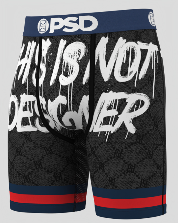 Black boxer briefs with white text and colorful waistband on a gray background